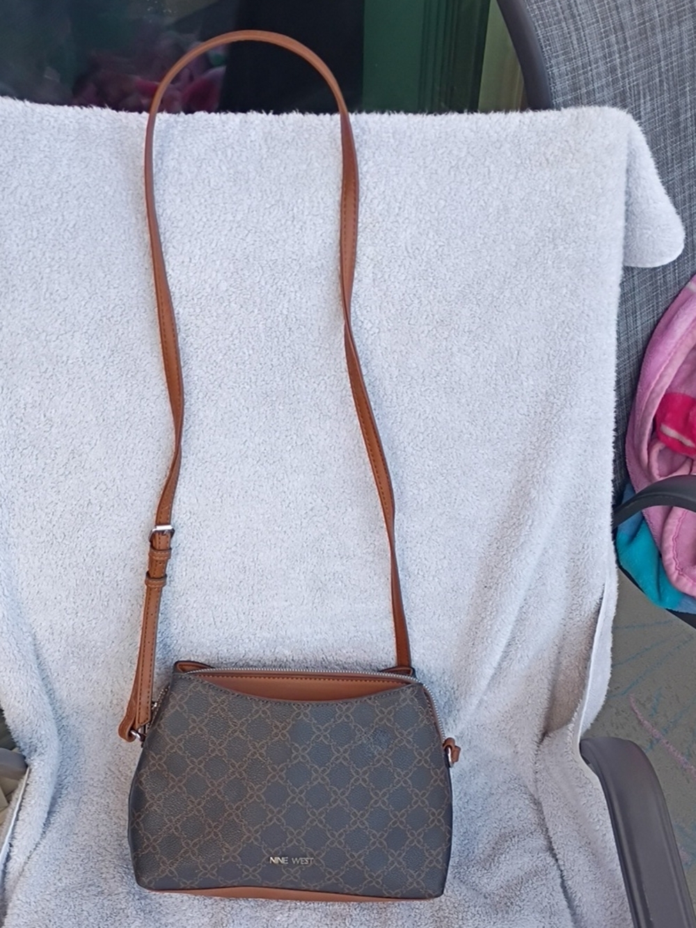 Nine West Brown Monogram Crossbody Bag with Tan Trim